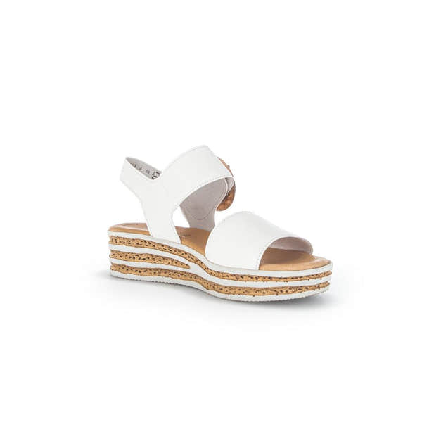 Gabor André women's white leather touch fastening platform sandals with cork and rubber layered sole.