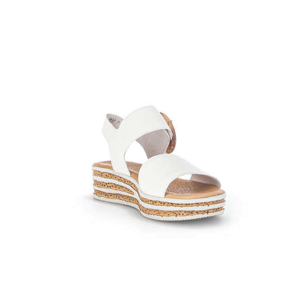 Gabor André Ladies Creamy White Leather Touch Fastening Sandals with layered cork wedge sole.