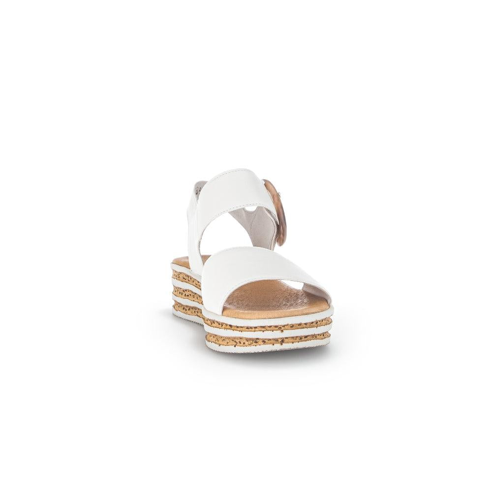 Gabor André women's cream leather touch fastening sandals with stacked cork and rubber soles.