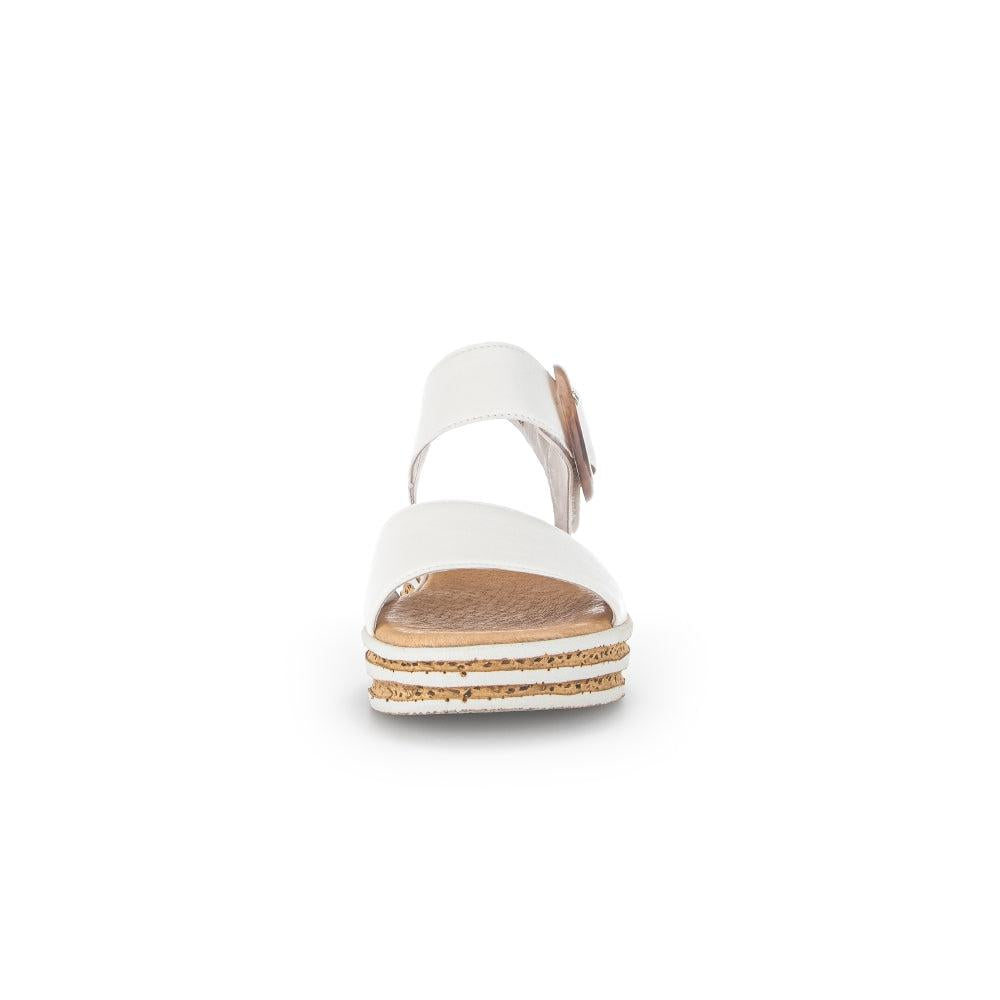 Gabor ladies cream leather touch fastening sandals with stacked cork wedge sole.