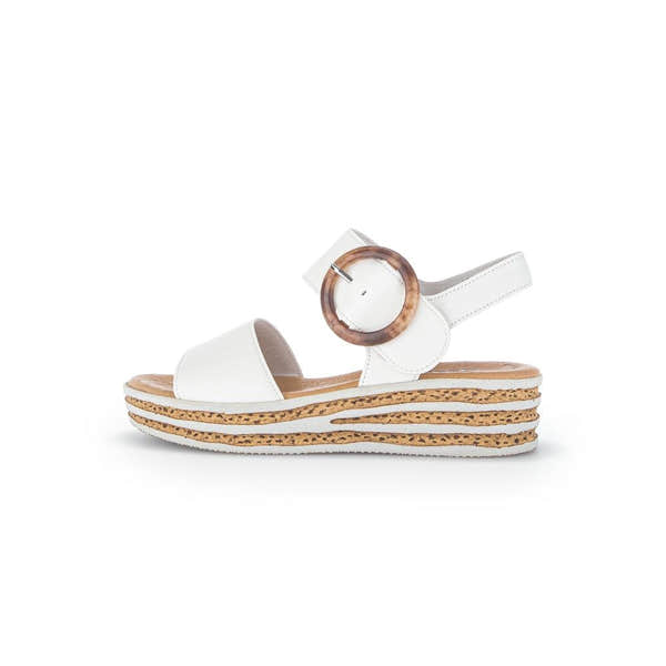 Gabor André ladies cream white leather touch fastening sandals with stacked cork sole and circular buckle detail.