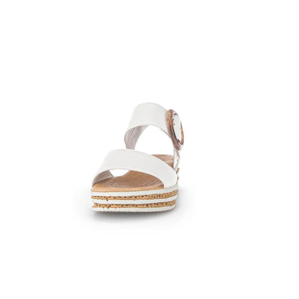 Gabor André ladies cream leather touch fastening sandals with stacked wedge heel and open toe design.