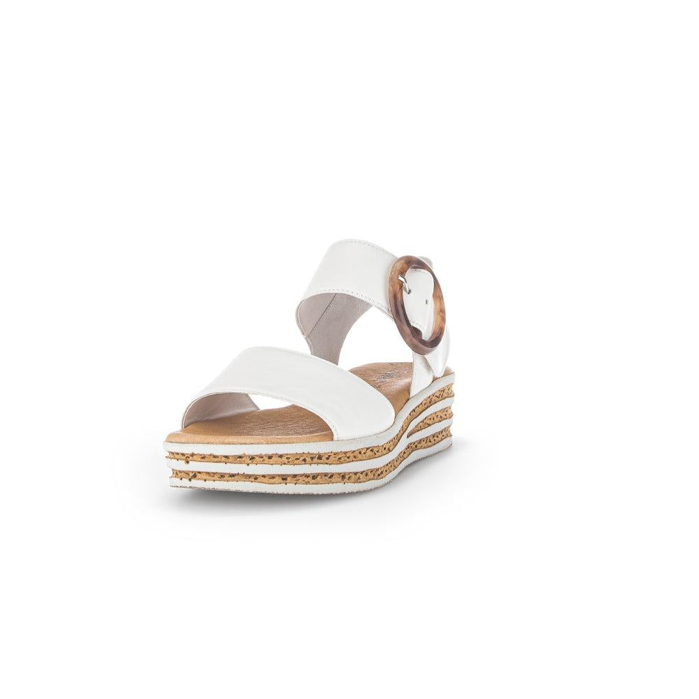 Gabor André Ladies Creamy White Leather Touch Fastening Sandals with Platform Wedge Sole and Tortoise Shell Buckle