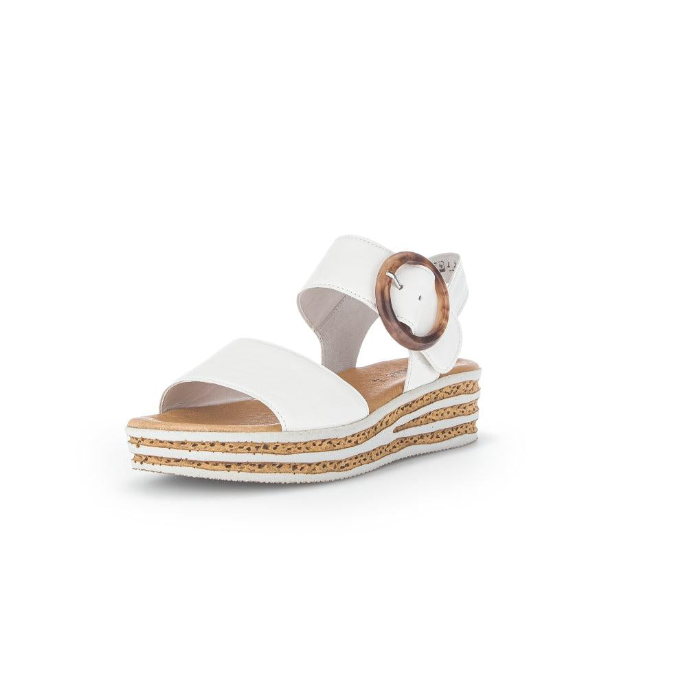 Gabor André women's cream leather touch fastening wedge sandals with layered cork sole and round buckle detail.