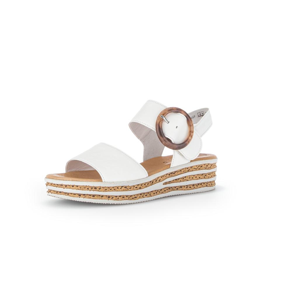 Gabor André women's cream leather touch fastening sandals with layered cork wedge sole.