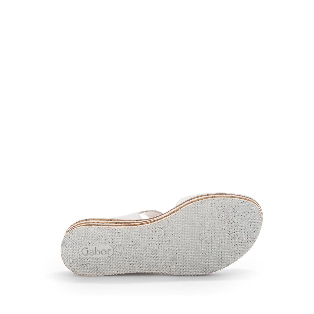 Gabor André ladies creamy white leather touch fastenings sandals with cushioned sole and textured rubber outsole.