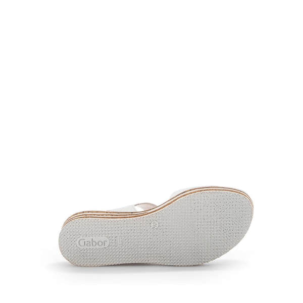 Gabor André ladies creamy white leather touch fastenings sandals with cushioned sole and textured rubber outsole.