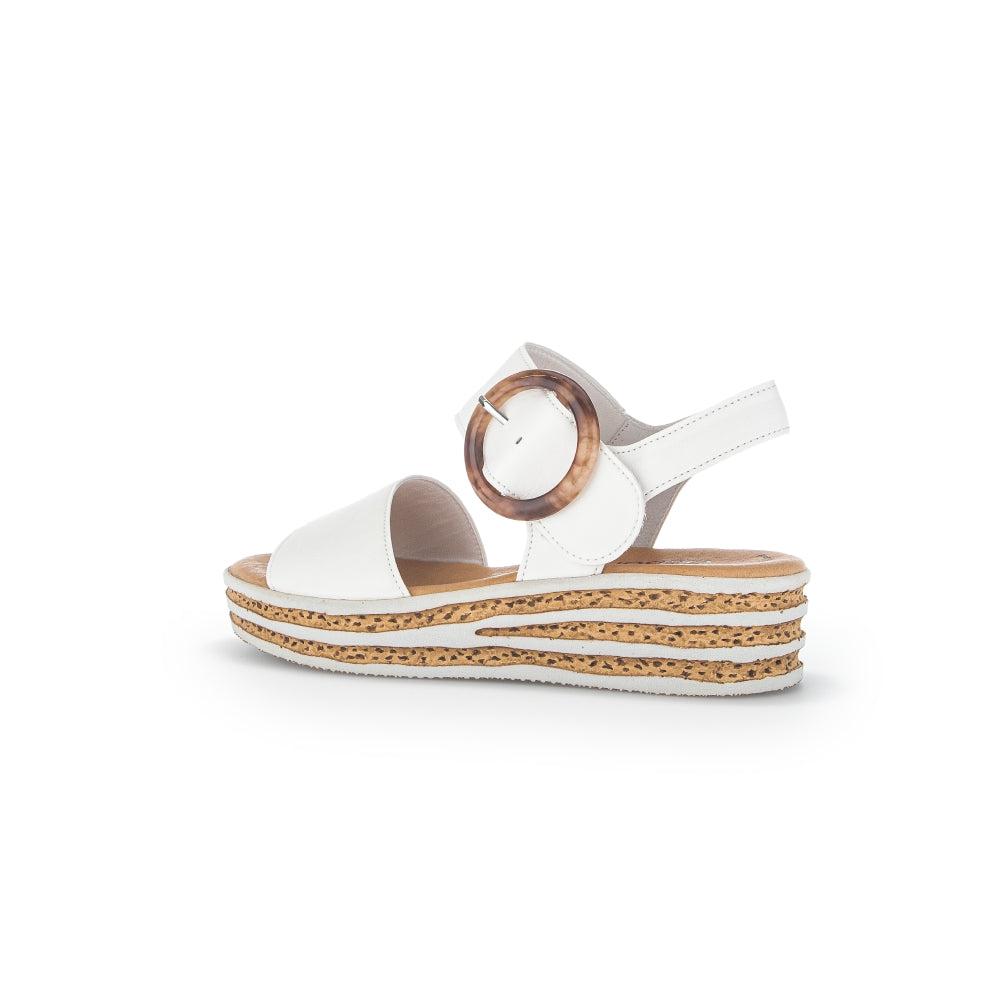 Gabor André ladies' white leather touch fastening sandals with cork layered platform sole.