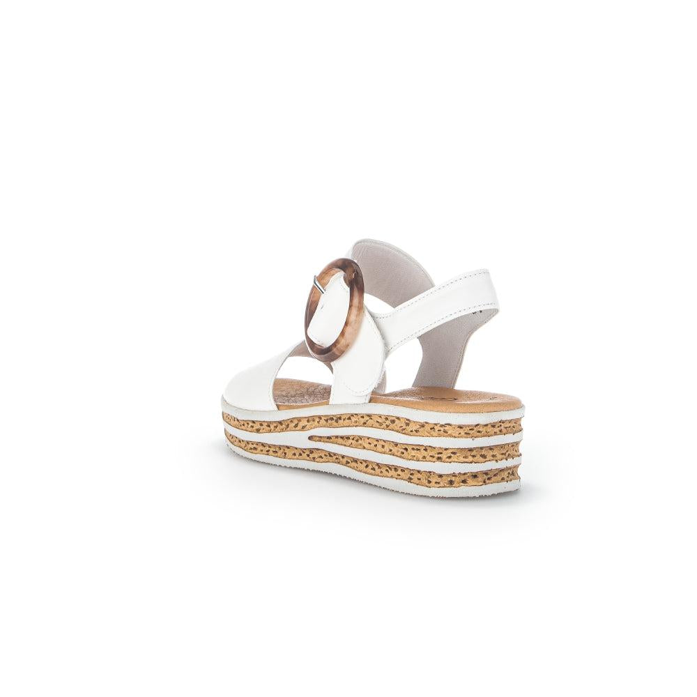 Gabor André Ladies Creamy White Leather Touch Fastening Wedge Sandals with layered cork-style sole.