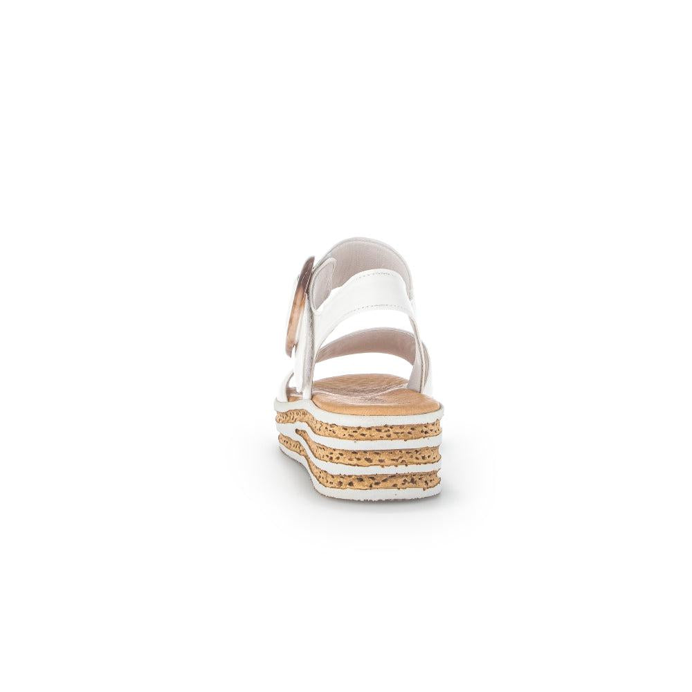 Gabor Ladies Creamy White Leather Touch Fastening Sandals with layered cork wedge heel.