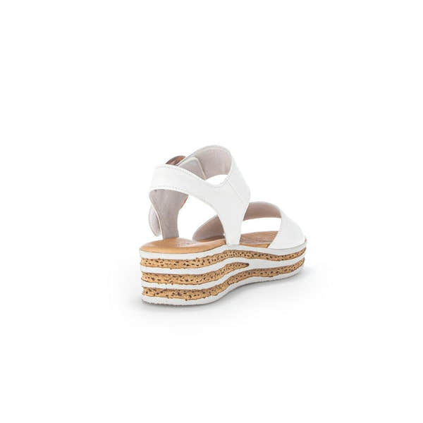 Gabor André Ladies White Leather Touch Fastening Sandals with layered cork and rubber platform sole.