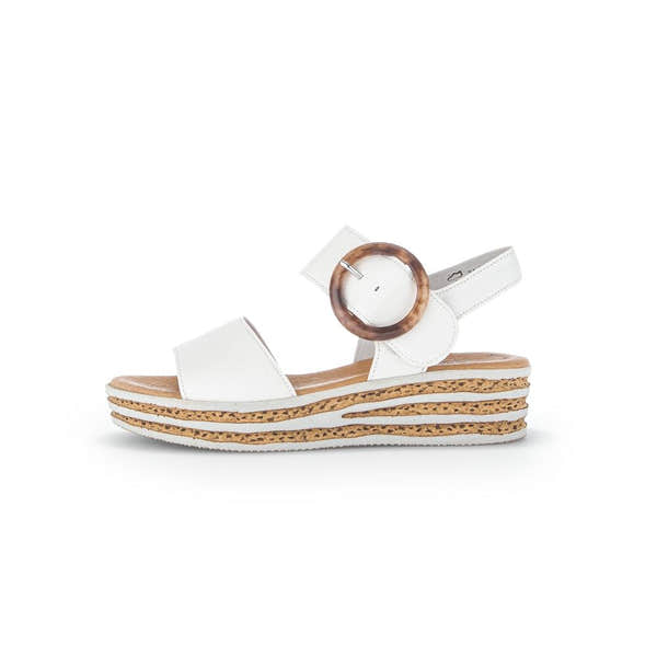 Gabor Ladies Creamy White Leather Touch Fastening Platform Sandals with layered cork and rubber soles.