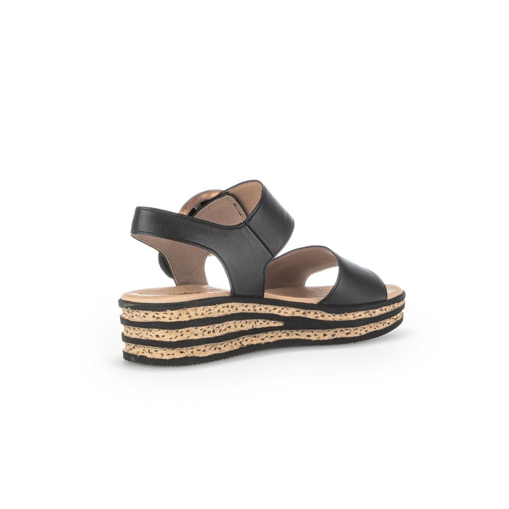 Gabor André women's black leather touch-fastening sandals with layered cork and rubber platform sole.