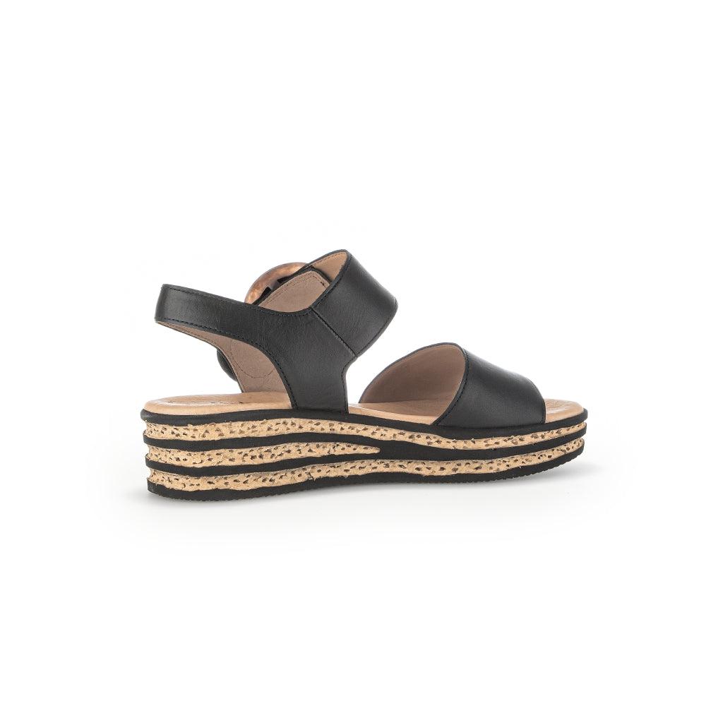 Gabor André women's black leather touch-fastening sandals with layered cork and rubber wedge sole.