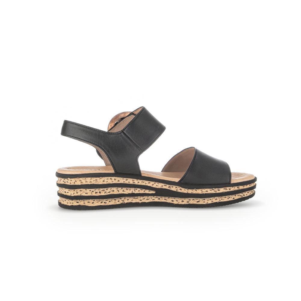 Gabor André Ladies Black Leather Sandals with Touch Fastening and Platform Wedge Heel.