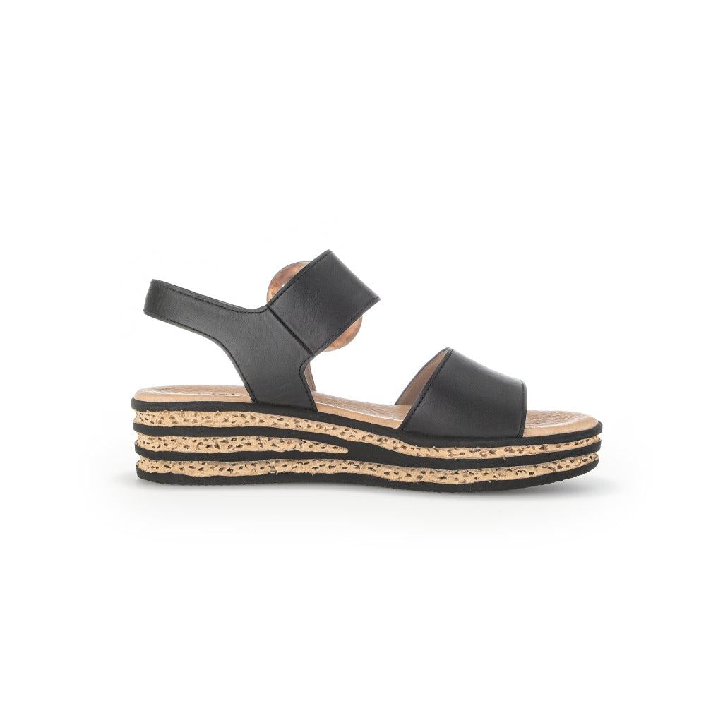Gabor André Ladies Black Leather Touch Fastening Sandals with layered cork and rubber sole.