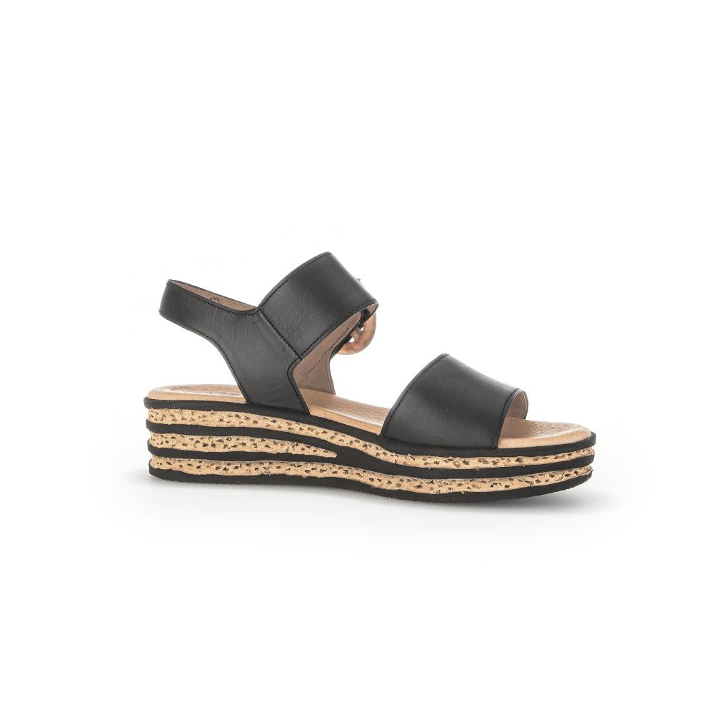 Gabor André Ladies Black Leather Touch Fastening Platform Sandals with layered cork and rubber sole.