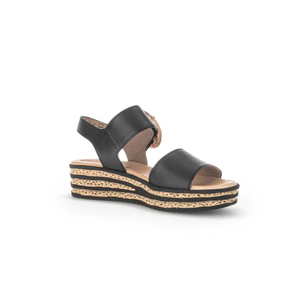 Gabor André women's black leather touch fastening platform sandals with cork wedge heel.