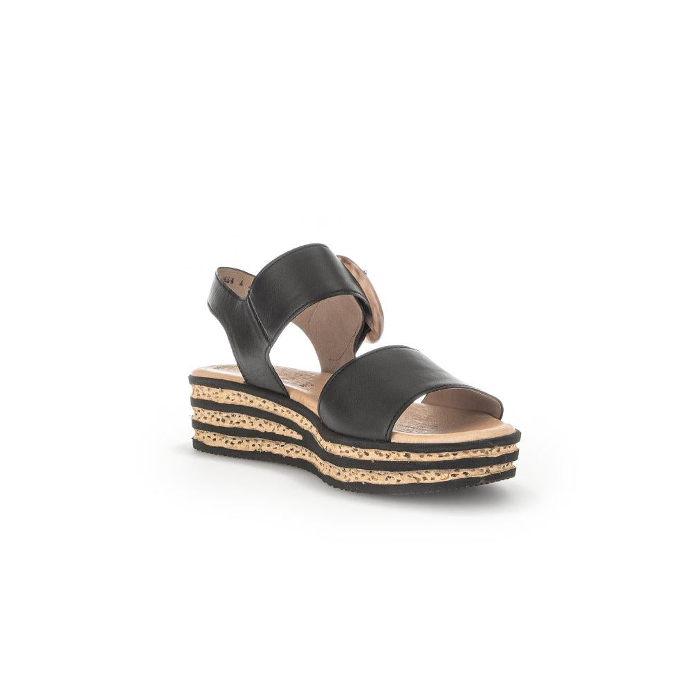Gabor André Ladies Black Leather Touch Fastening Wedge Sandals with layered cork platform soles