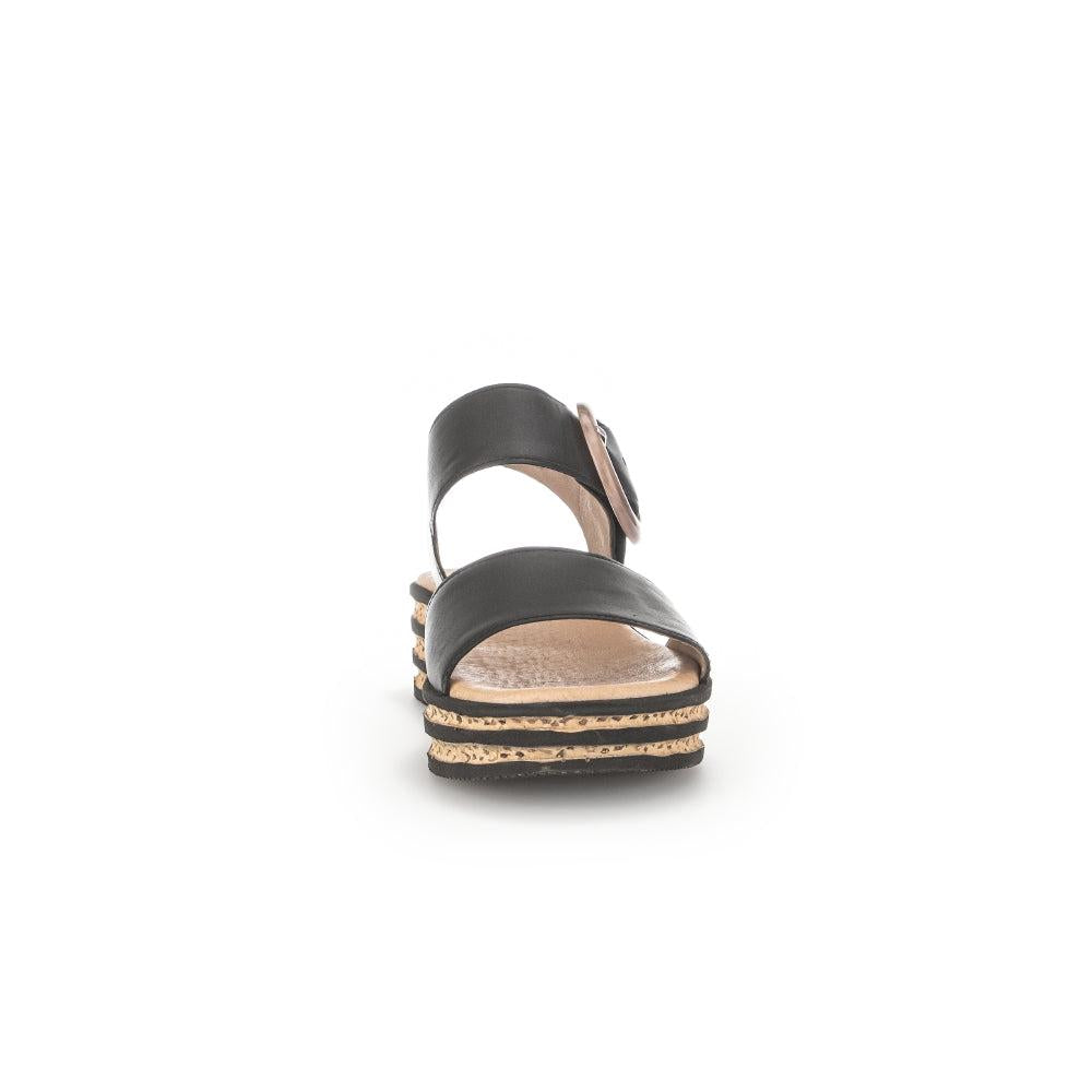 Gabor André Ladies Black Leather Touch Fastening Sandals with stacked cork midsole and cushioned footbed.