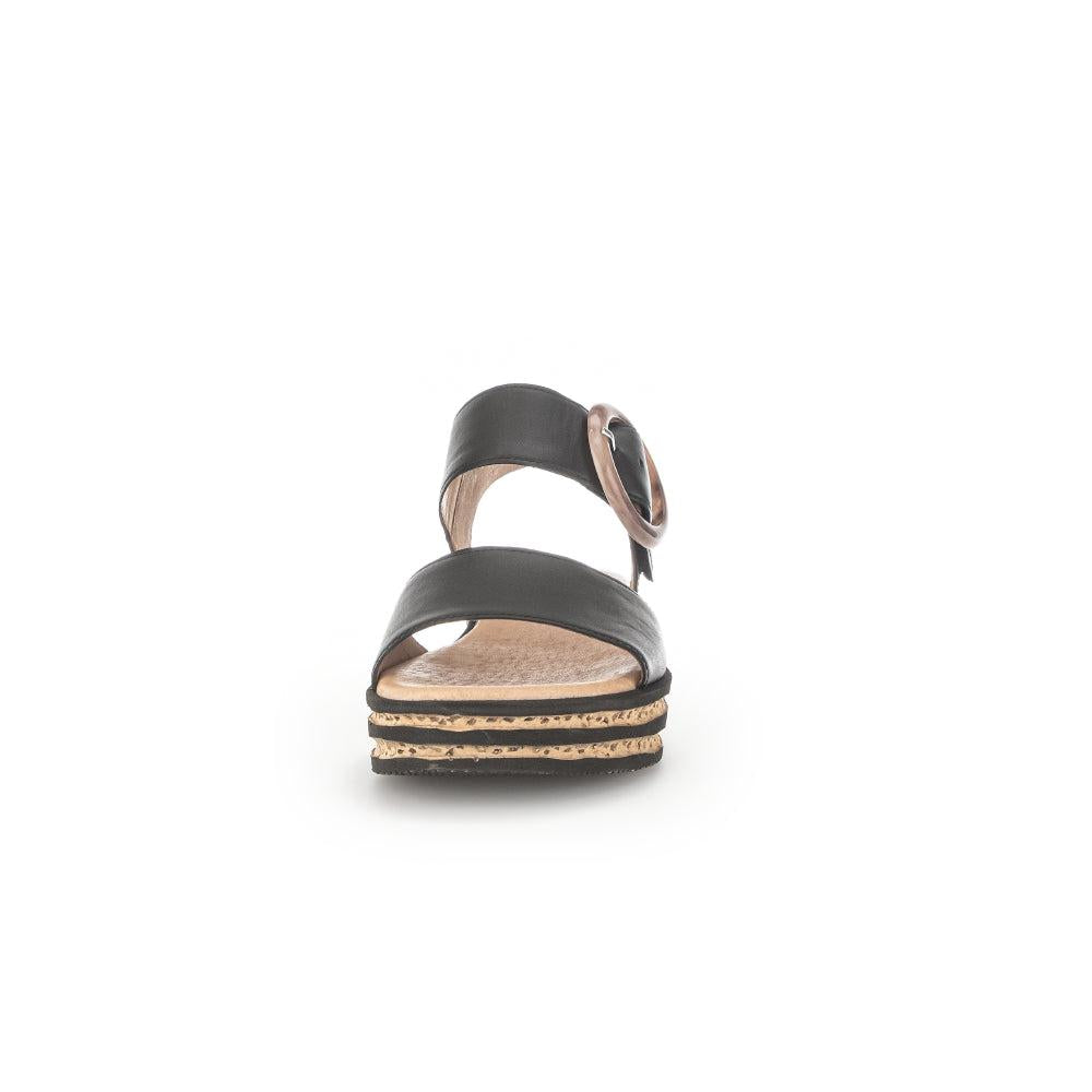 Gabor André Women's Black Leather Touch Fastening Sandals with cork sole and adjustable buckle strap.