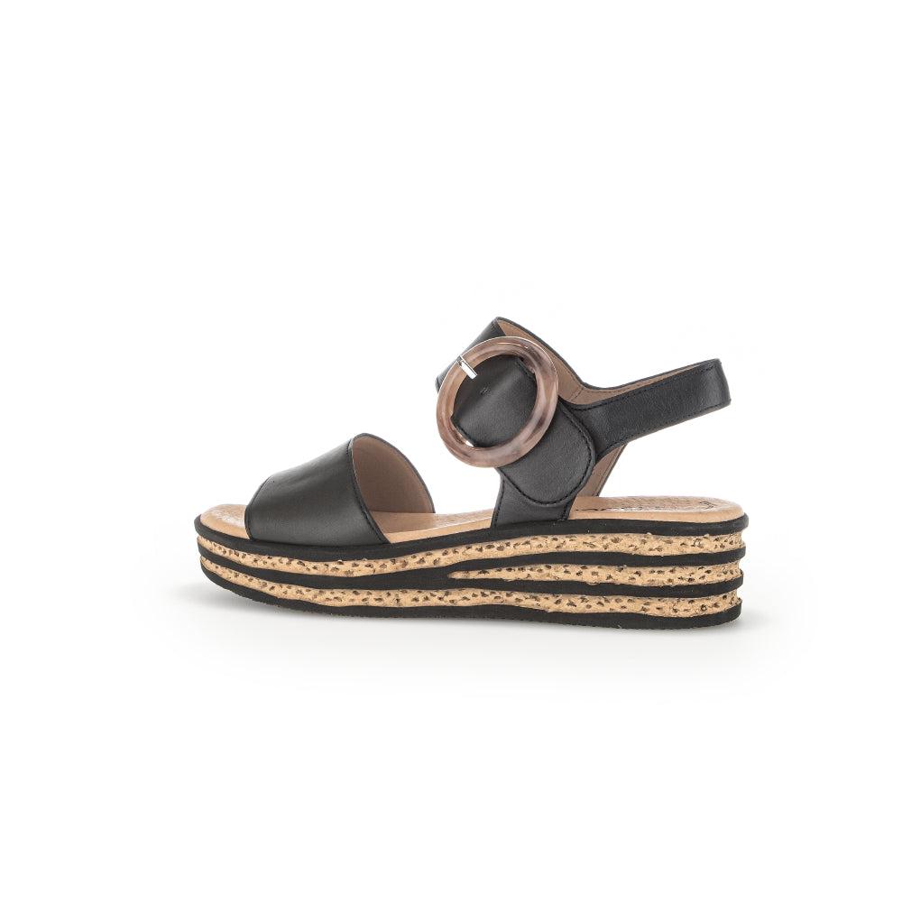 Gabor André Ladies Black Leather Touch Fastening Sandals with chunky cork and black layered platform sole.