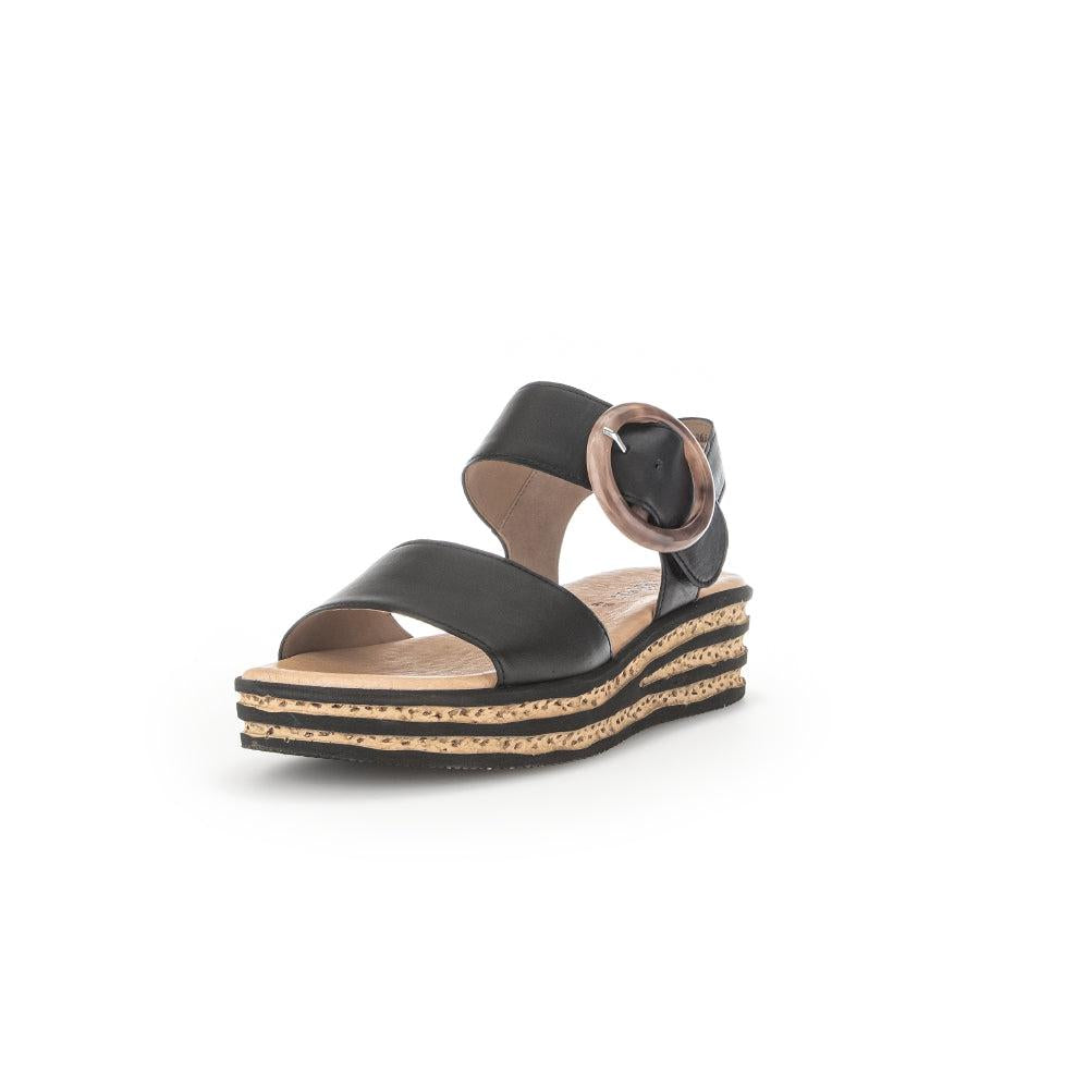 Gabor André Ladies Black Leather Touch Fastening Wedge Sandals with layered cork sole.