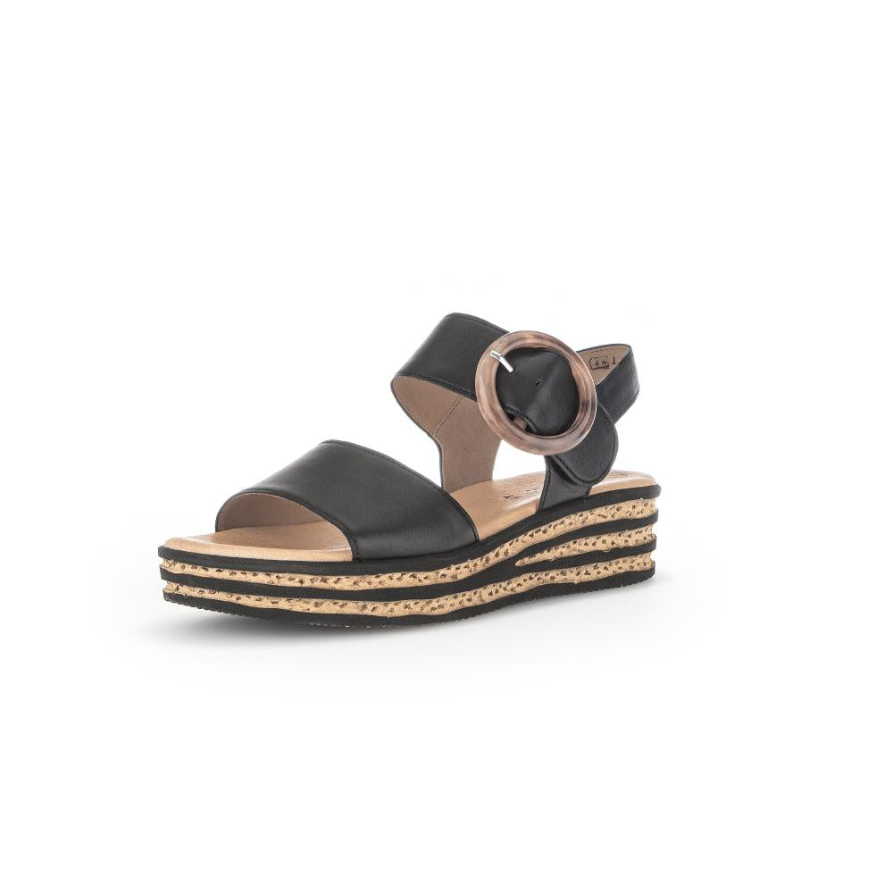 Gabor André Women's black leather touch-fastening sandals with stacked wedge sole and circular buckle detail.