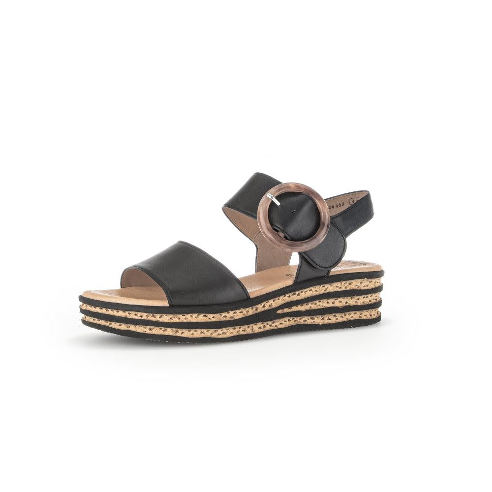 Gabor André Ladies Black Leather Touch Fastening Sandals with layered cork sole and circular buckle detail.