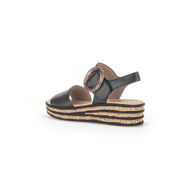 Gabor André women's black leather touch fastening sandals with layered cork wedge heel.