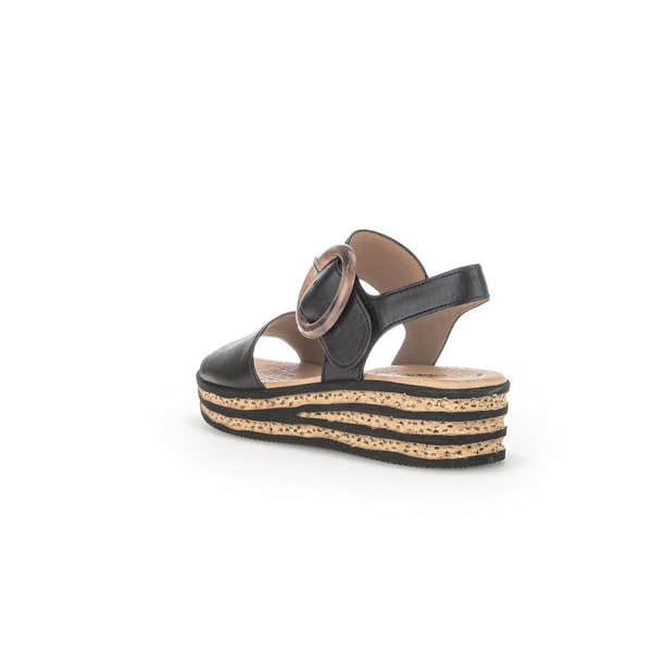 Gabor André Ladies Black Leather Touch Fastening Wedge Sandals with cork-textured layered platform sole.