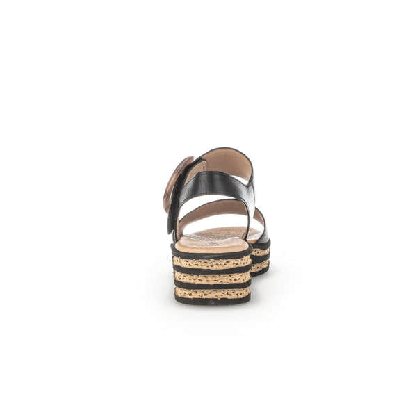 Gabor André ladies' black leather touch fastening sandals with stacked cork and black sole, stylish and comfortable footwear.