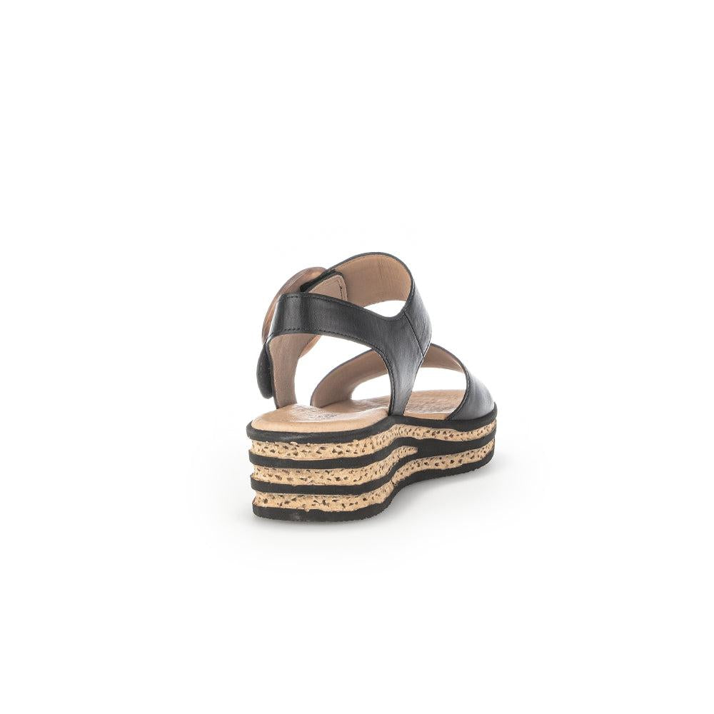 Gabor André women's black leather touch-fastening sandals with layered cork platform sole.