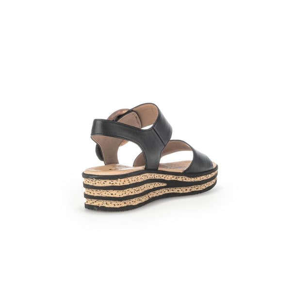 Gabor André ladies' black leather touch fastening sandals with layered cork and black rubber sole.