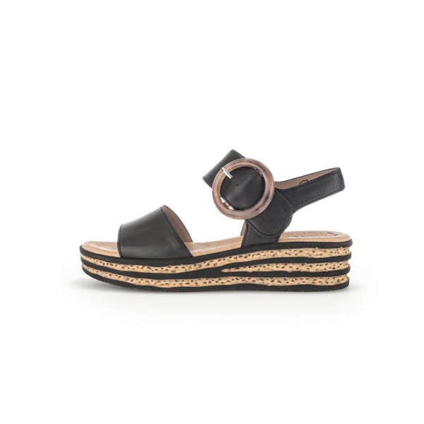 Gabor André Ladies Black Leather Sandals with Touch Fastening and Chunky Espadrille-Style Platform Sole