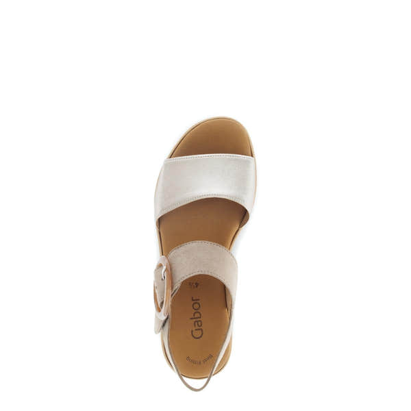 Gabor ladies beige leather touch fastenings sandal with wide strap and adjustable buckle, cushioned sole, open toe, and slingback design.