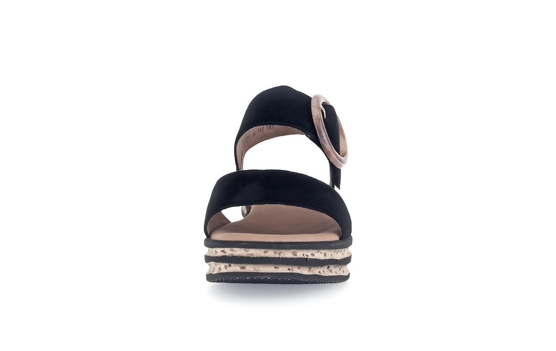 Gabor André Ladies Black Suede Touch Fastening Sandals with layered cork-style sole, stylish and comfortable footwear.