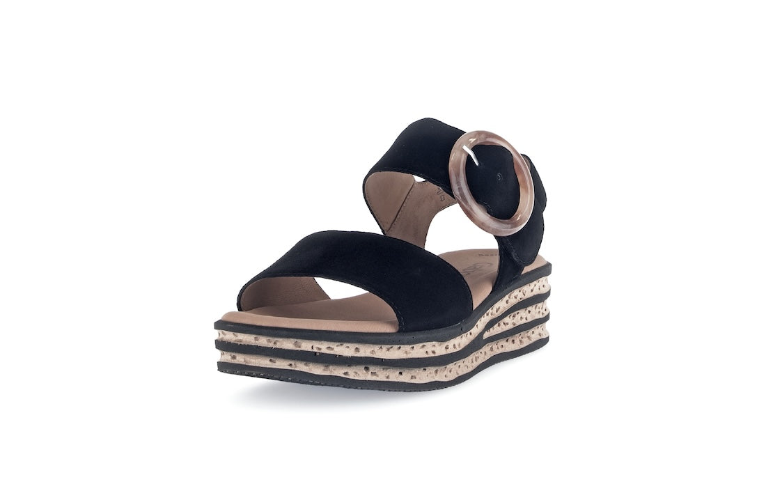 Gabor André women's black suede touch-fastening platform sandals with layered wedge heel and buckle strap.