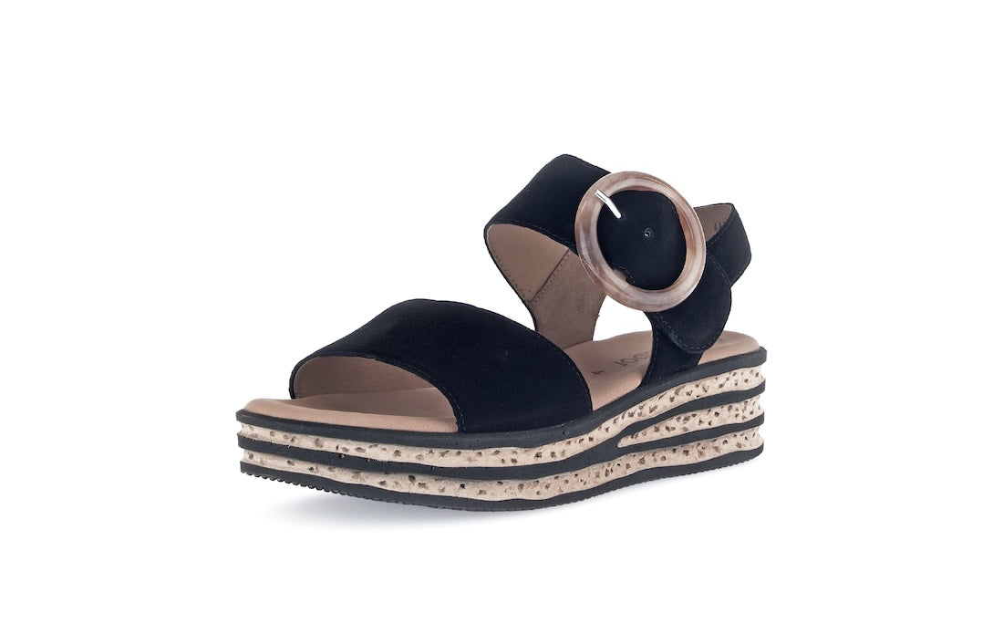 Gabor André women's black suede touch fastening sandals with layered cork-inspired platforms and adjustable strap.