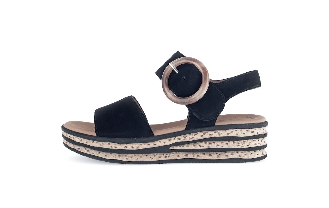 Gabor André Ladies Black Suede Touch Fastening Sandals with chunky striped sole and adjustable ankle strap Aloe.