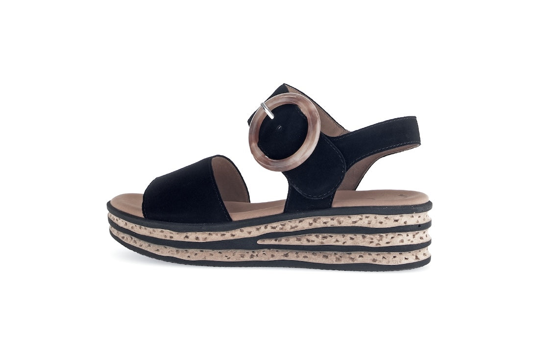 Gabor André black suede touch fastening ladies' platform sandals with layered espadrille-style sole.