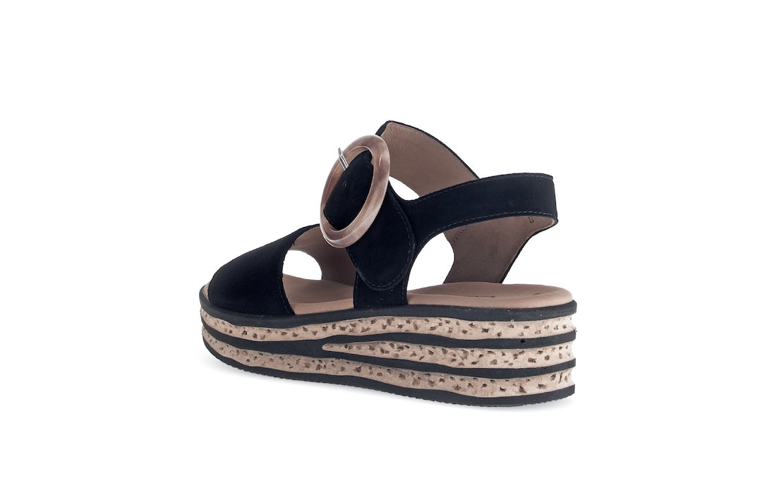 Gabor André Ladies Black Suede Touch Fastening Platform Sandals with layered espadrille-style sole.