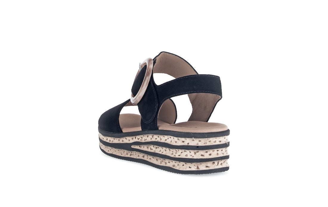 Gabor André Ladies Black Suede Touch Fastening Wedge Sandals with layered platform sole and buckle strap.