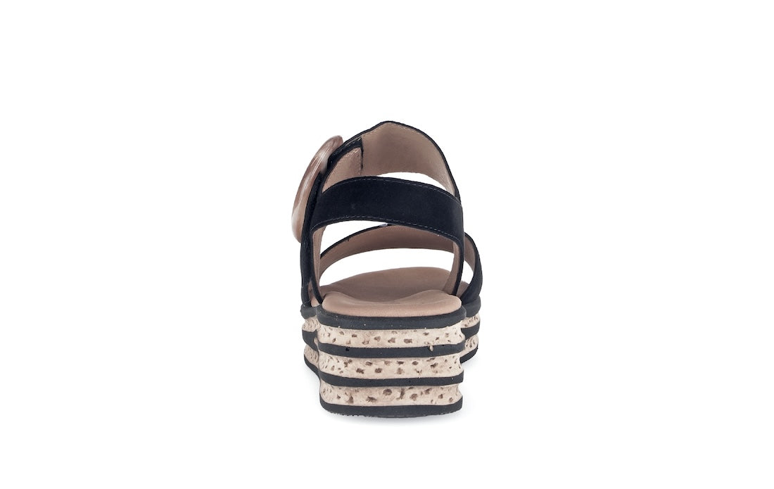Gabor women's black suede touch fastening sandals with tiered speckled platform heel and open toe design.
