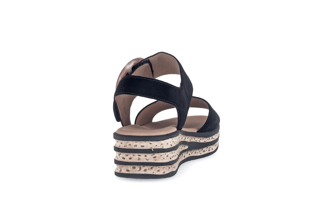 Gabor André women's black suede touch fastening platform sandals with layered striped sole.