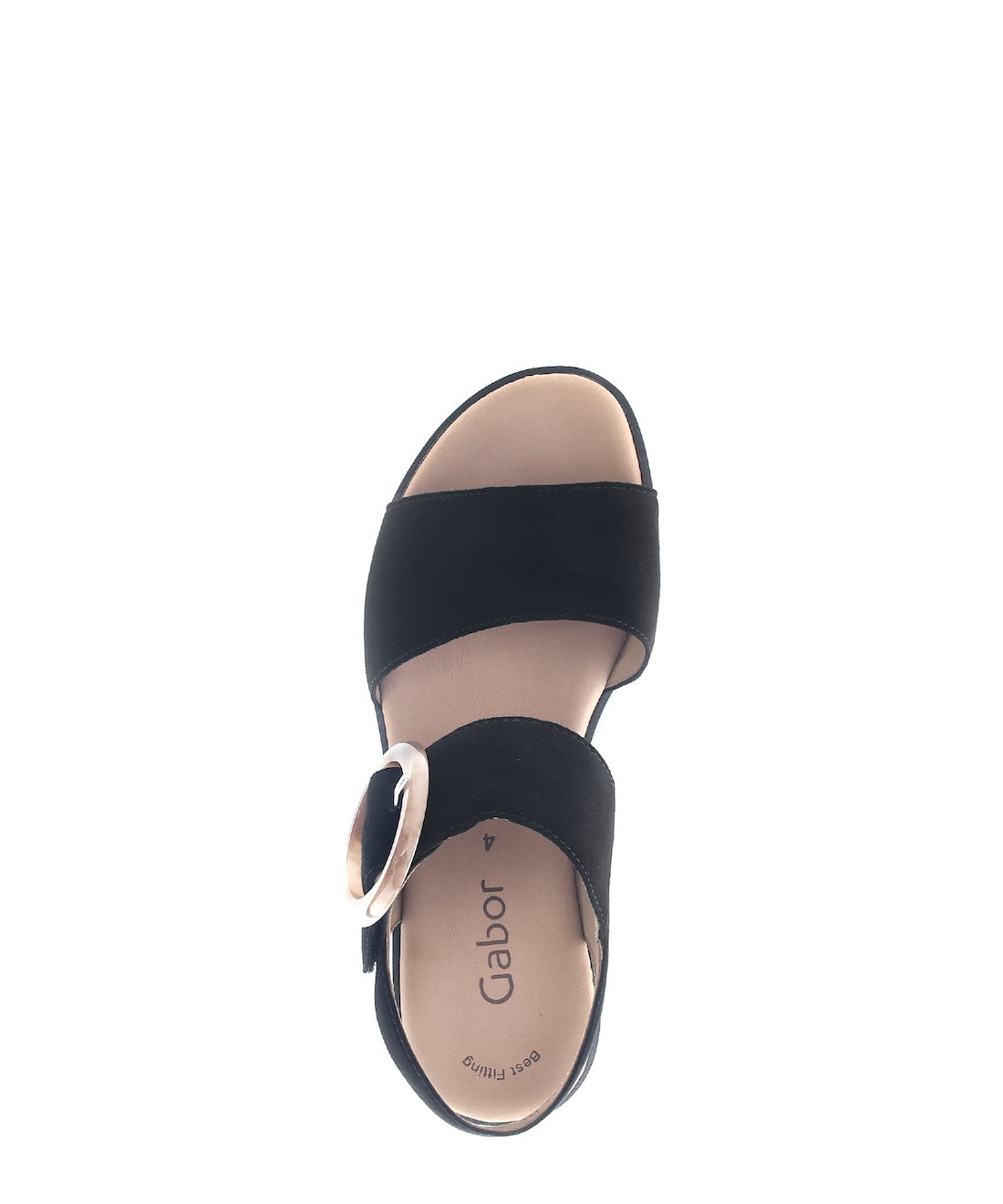 Gabor women's black suede touch fastening sandals with wide strap and silver buckle, open toe, flat sole, beige insole.
