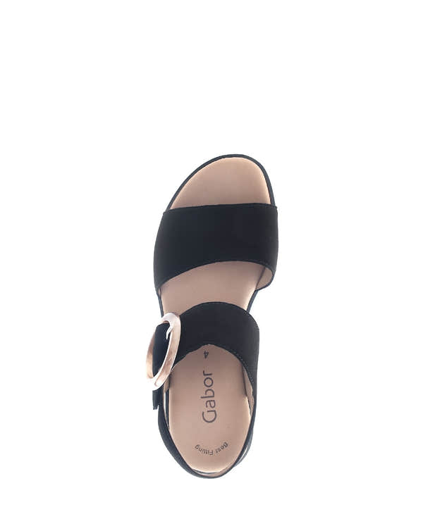 Gabor women's black suede touch fastening sandals with wide strap and silver buckle, open toe, flat sole, beige insole.
