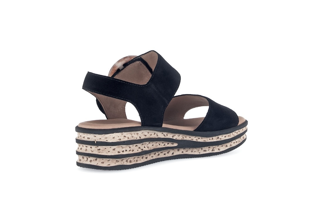 Gabor 64.550.97 André women's black suede sandals with touch fastening and layered cork wedge sole.