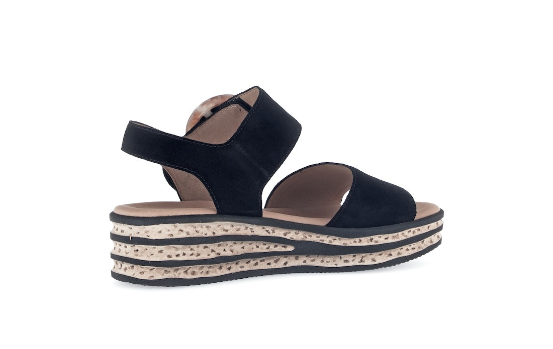 Gabor André women's black suede touch fastening platform sandals with stacked speckled beige and black wedge sole.