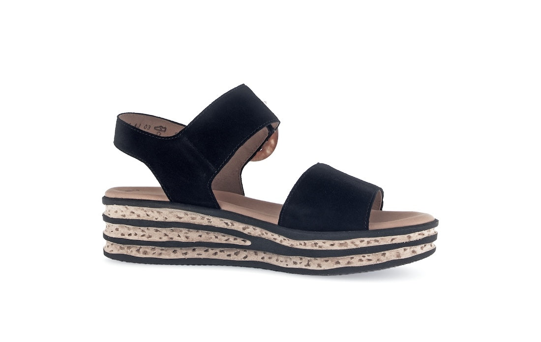 Gabor Ladies Black Suede Touch Fastening Sandals with platform sole and cushioned insole.